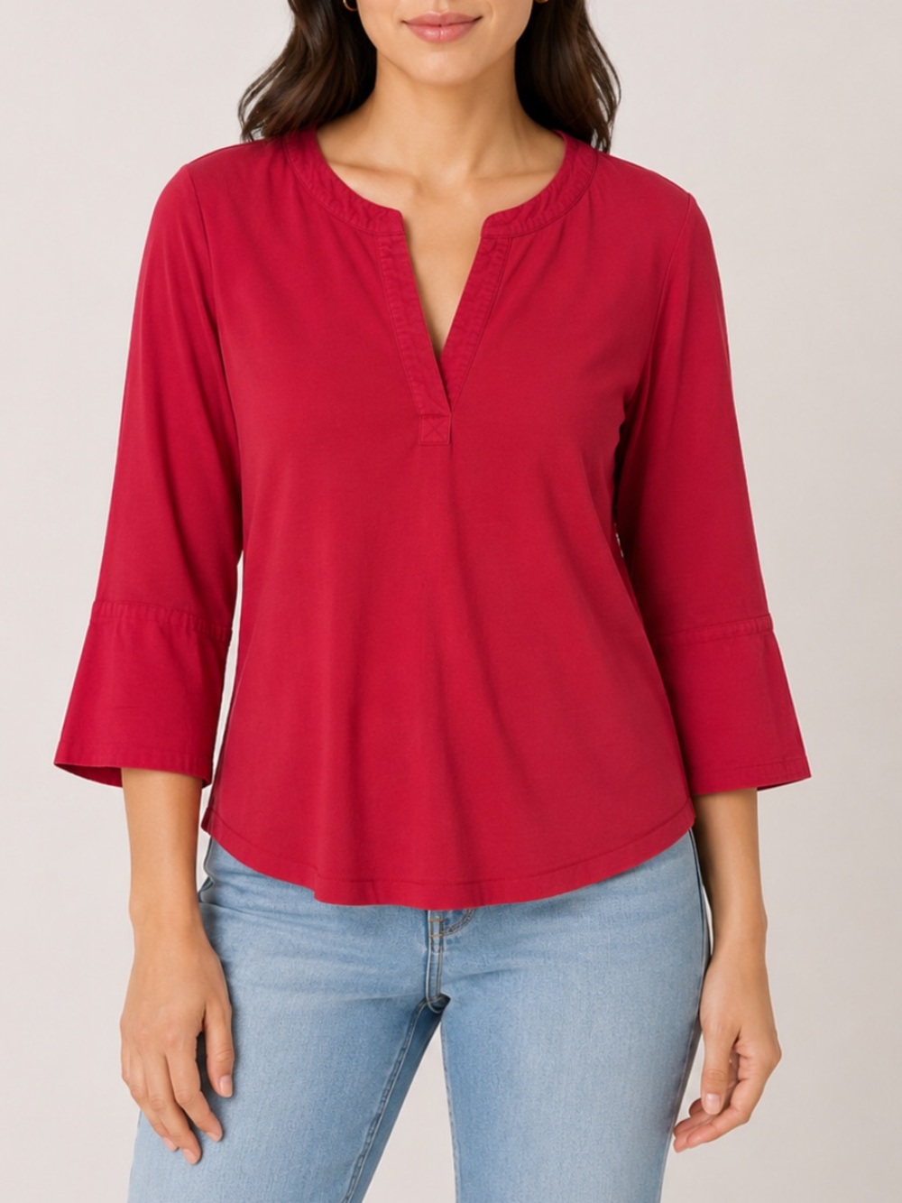 Maeve Anthropologie Ribbed V-Neck Top Red 3/4 Sleeve Size XL